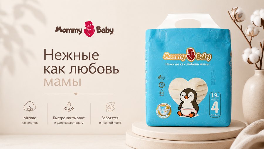 Подгузники Mommy Baby — мягкие как хлопок, быстро впитывают